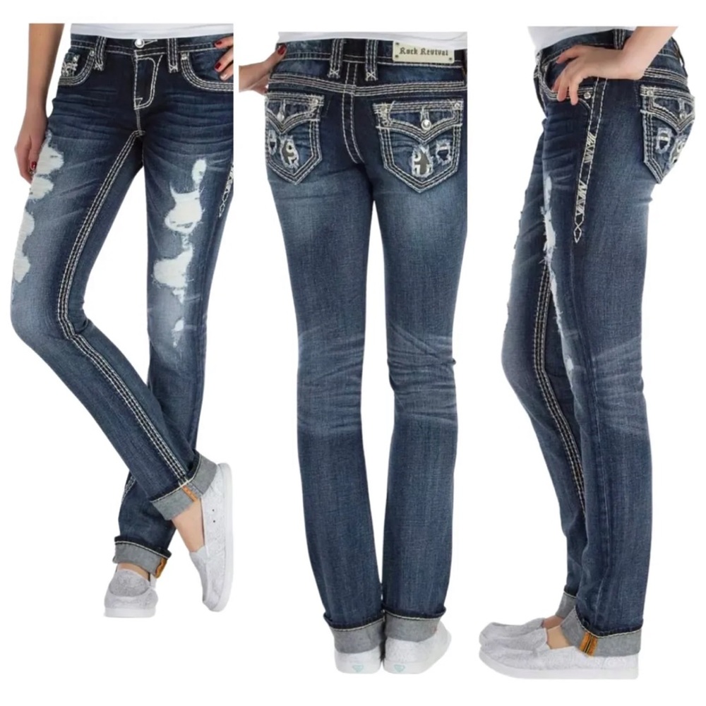 Rock Revival Felicia Mid Rise Medium Wash Distressed Skinny Jeans Size 28